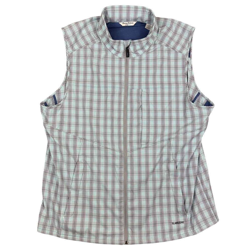 Tommy Bahama IslandZone Mens Large Plaid Full Zip Golf Vest Blue Grey Light